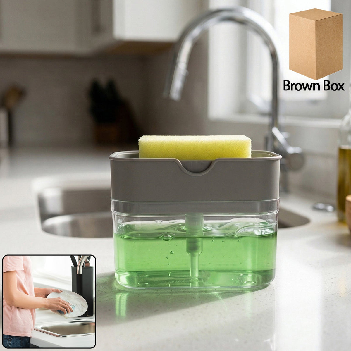 Kitchen soap dispenser with integrated sponge holder on a clean countertop.