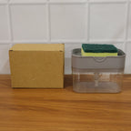 Liquid soap pump actively dispensing soap onto a sponge for quick cleaning.