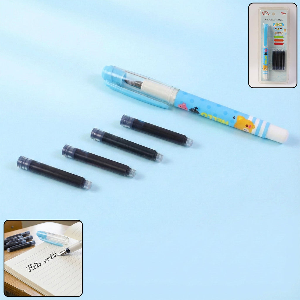 Cute cartoon liquid ink pen set with refillable cartridges