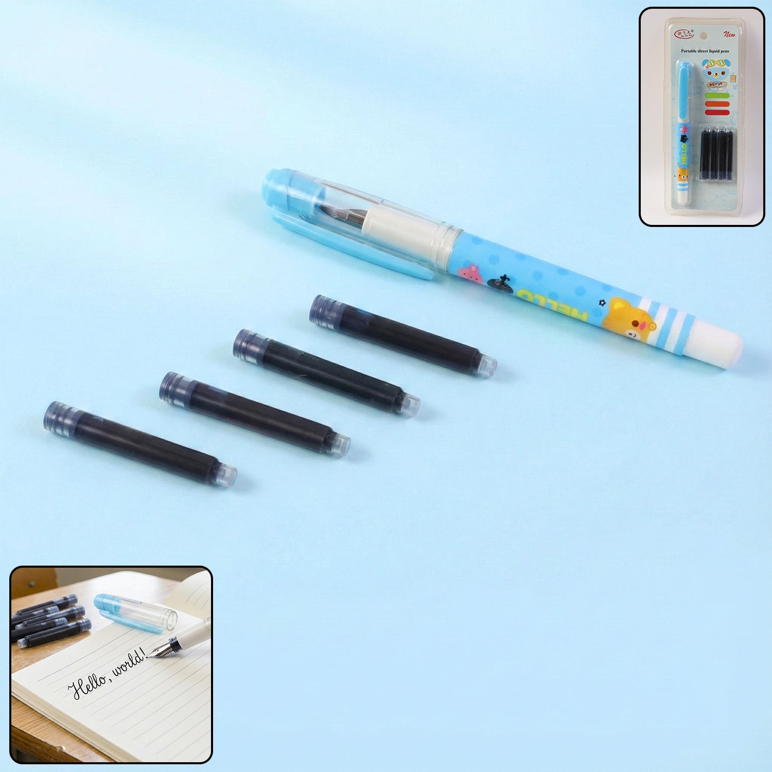 Cute cartoon liquid ink pen set with refillable cartridges