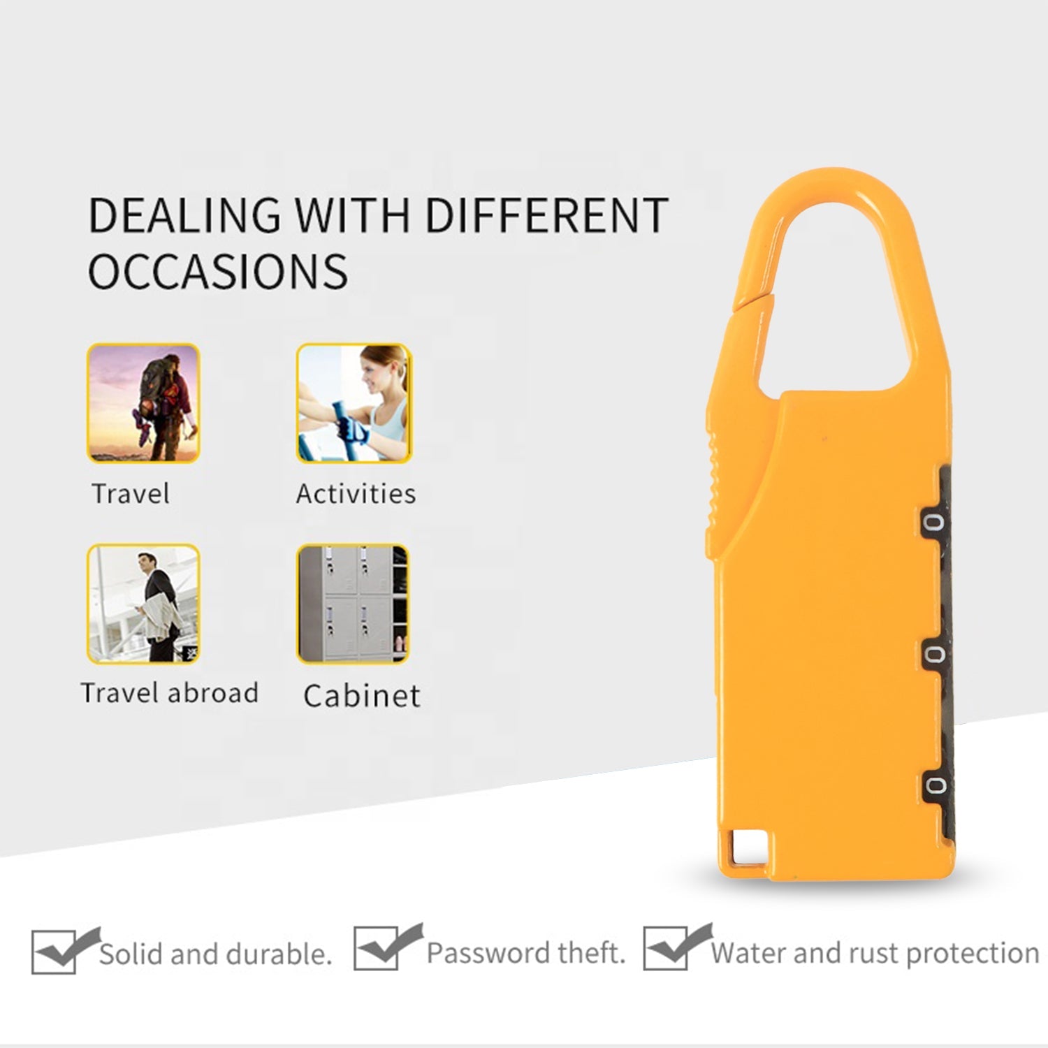 Compact combination lock suitable for lockers and backpacks.