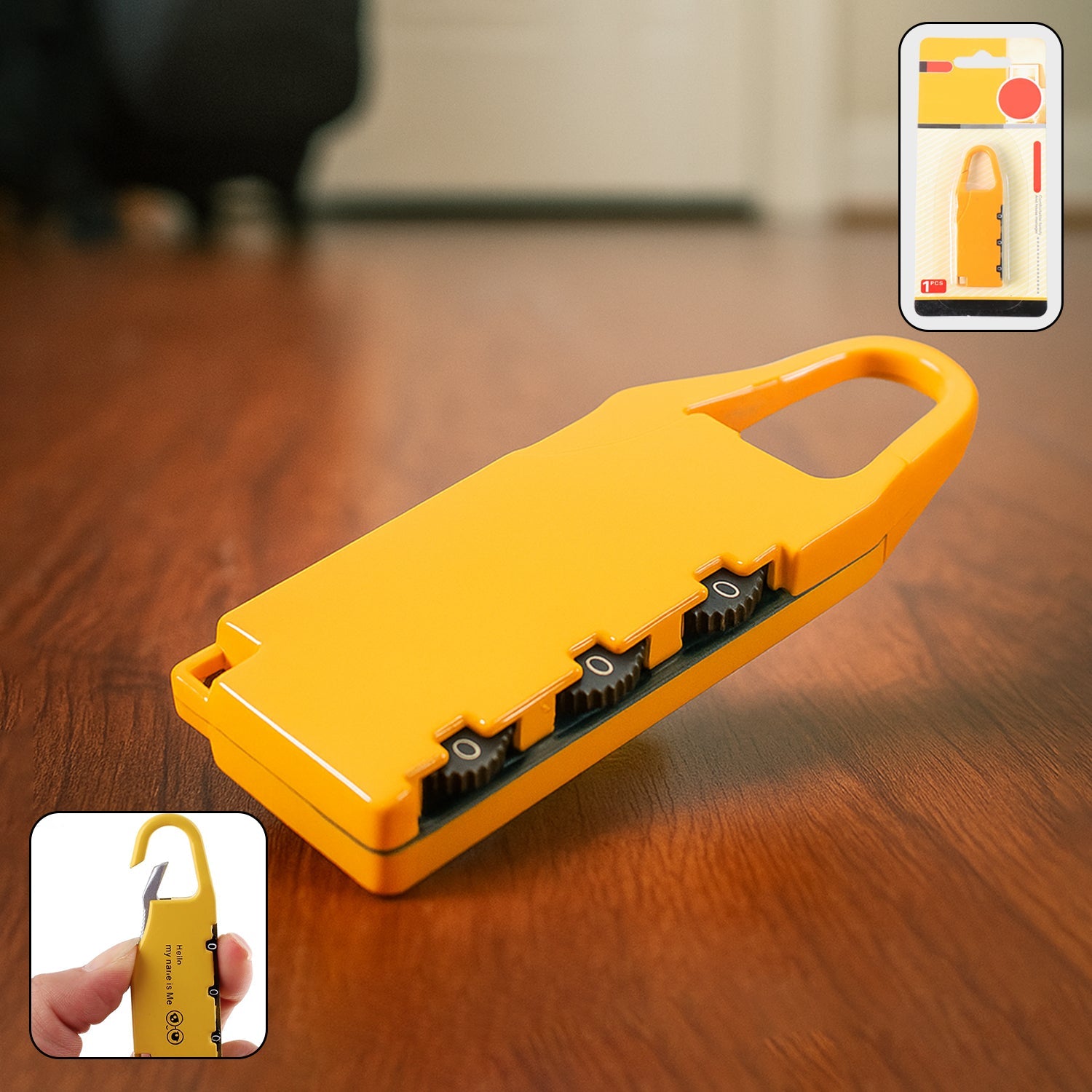 Portable 3-digit combination lock with carabiner for keyless security.