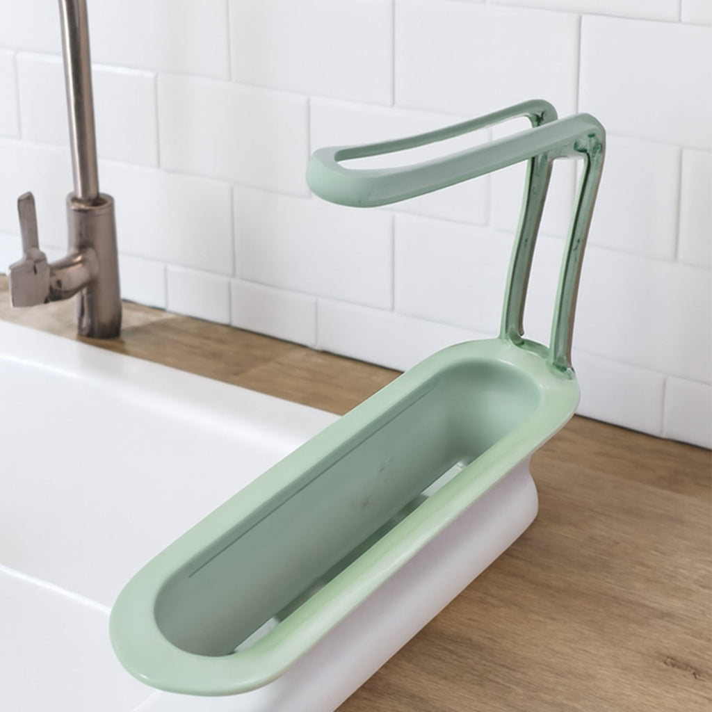Side view showing extendable sink storage rack design