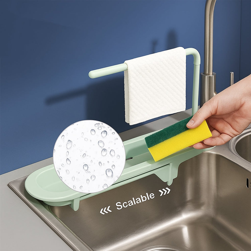 Close-up of adjustable sink rack’s telescopic extension feature