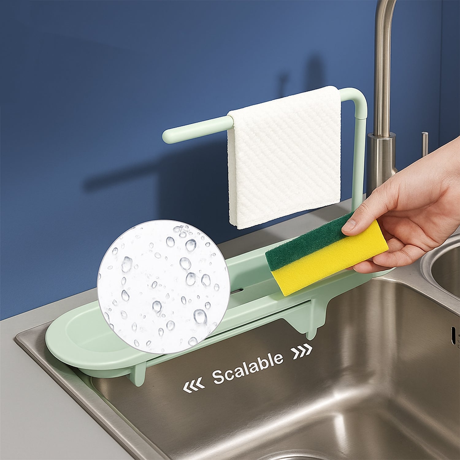 Close-up of adjustable sink rack’s telescopic extension feature