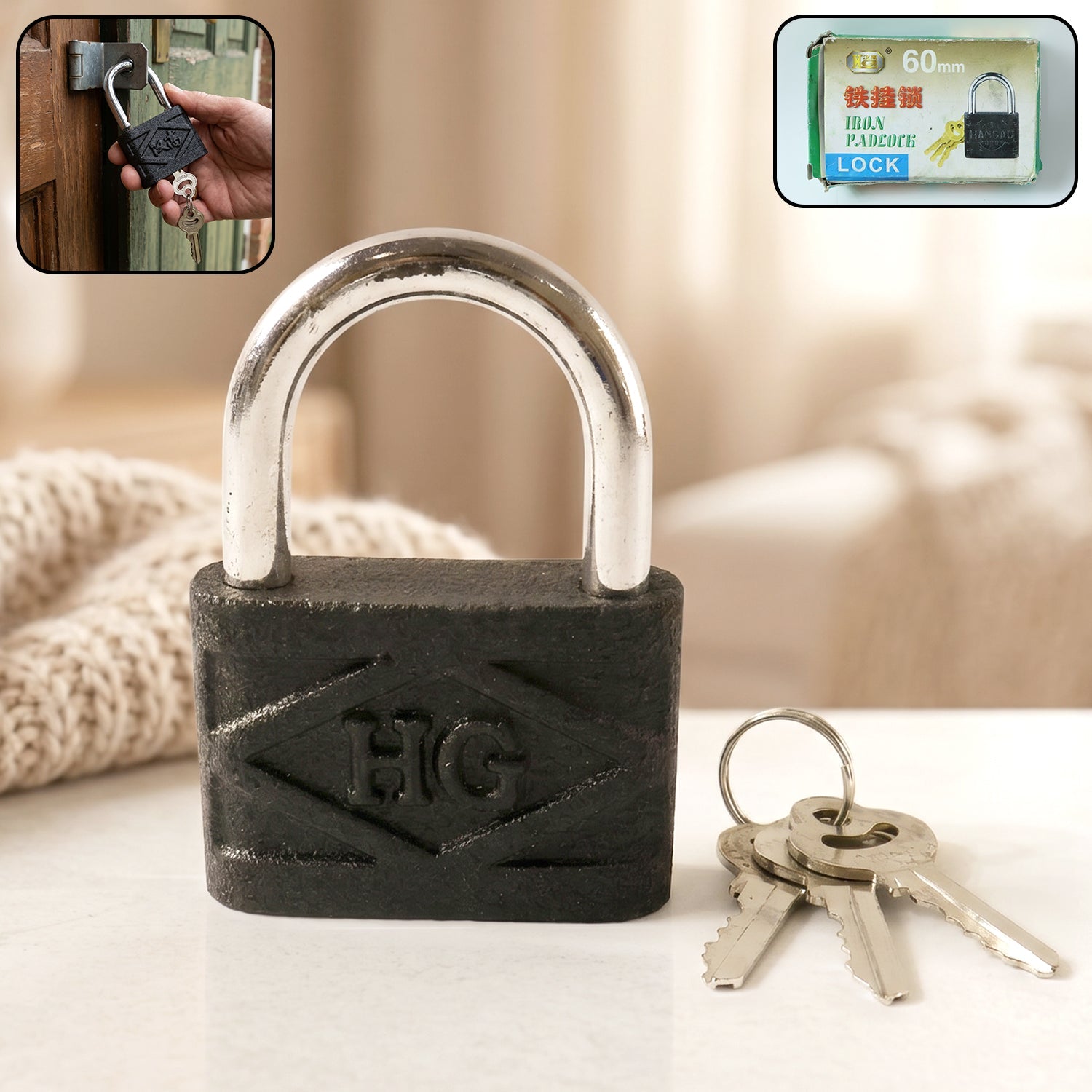 Front view of the AutoSafeo Heavy Duty Padlock, showing its robust iron construction.