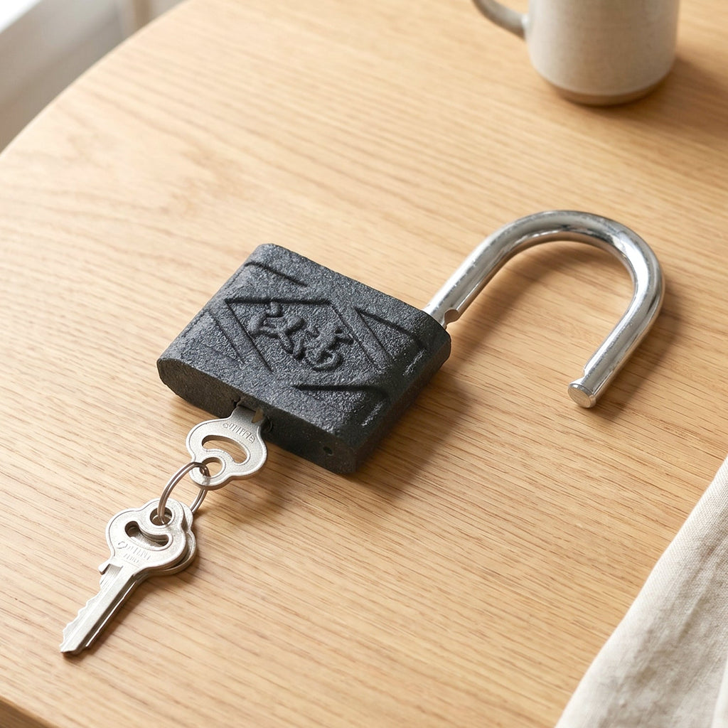 Detailed view of the AutoSafeo padlock's smooth locking mechanism.