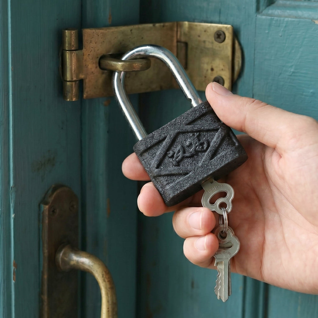 Iron padlock shown next to a hand for clear size comparison, highlighting its 60mm build.