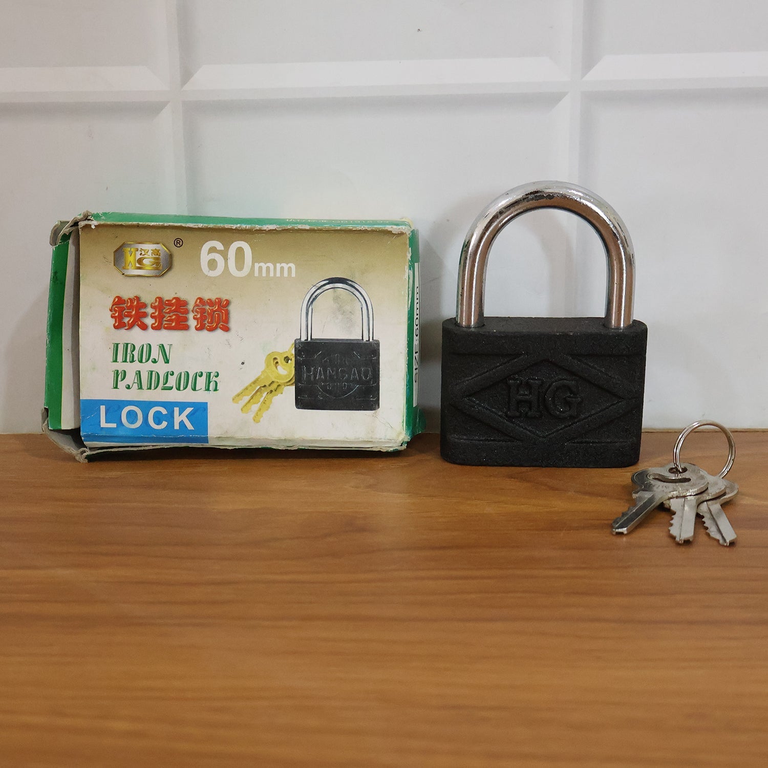 AutoSafeo 60mm iron padlock presented on a clean background, ready for secure use.