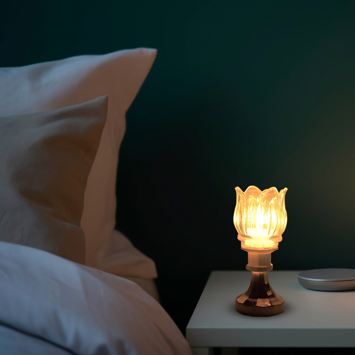 Lotus LED lamp creating serene ambience in spiritual setting