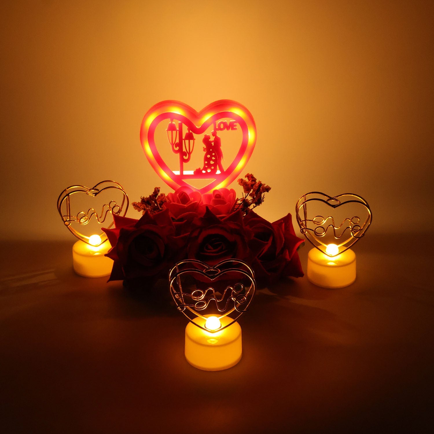 Tabletop decorative set with heart and rose flowers for romance