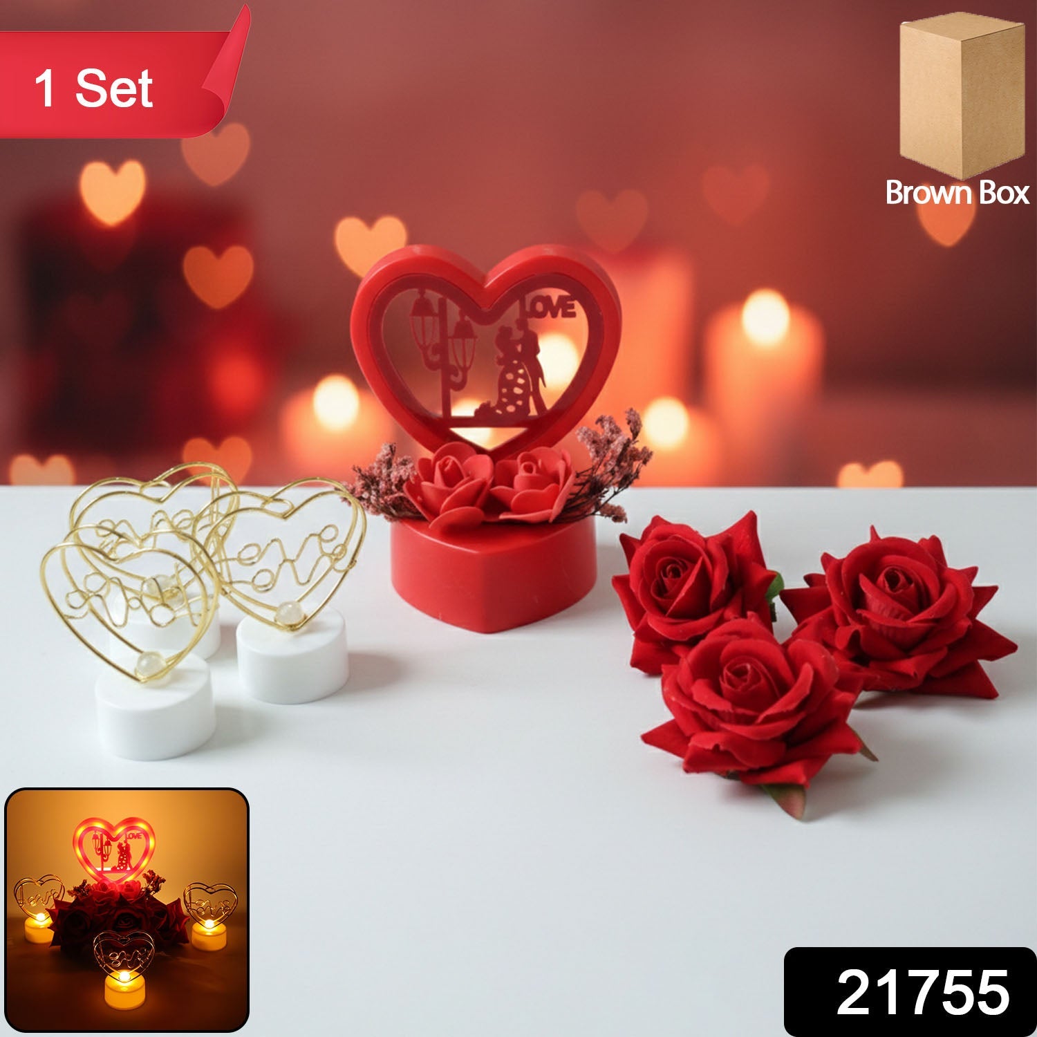 Golden artificial rose included in romantic gift set