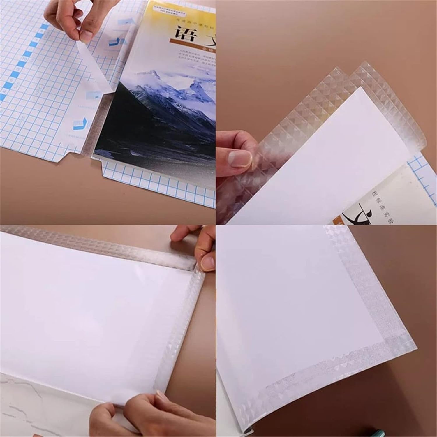 Mixed size transparent self-adhesive book covers displayed for notebooks