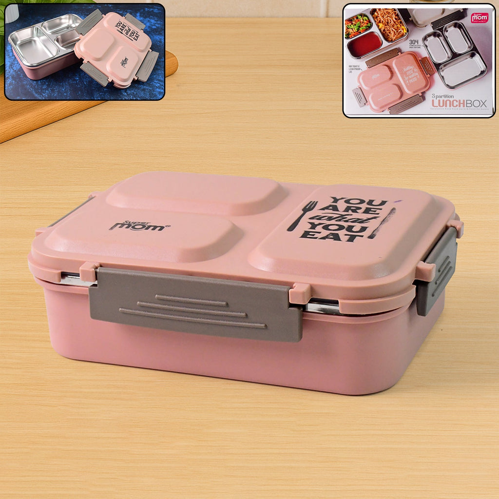 Stainless steel lunch box with three inner compartments for organized meals
