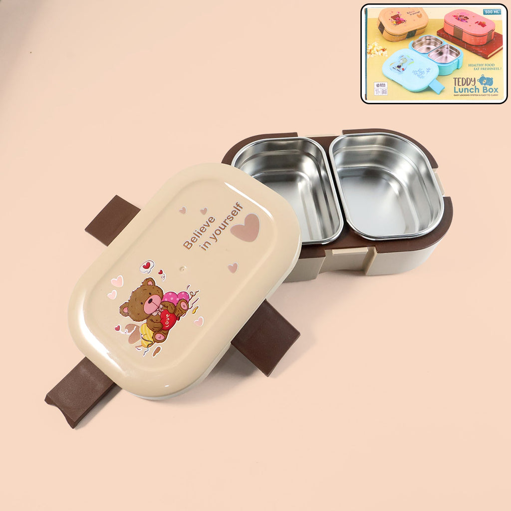 Cute teddy printed kids lunch box with dual stainless steel containers
