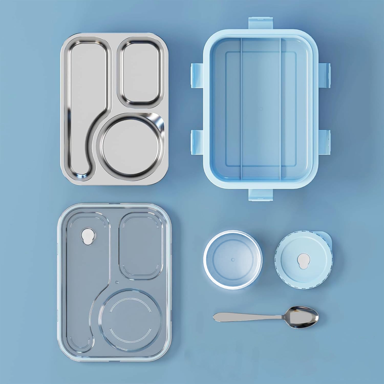 Open stainless steel lunch box showing three compartments and the bonus side container