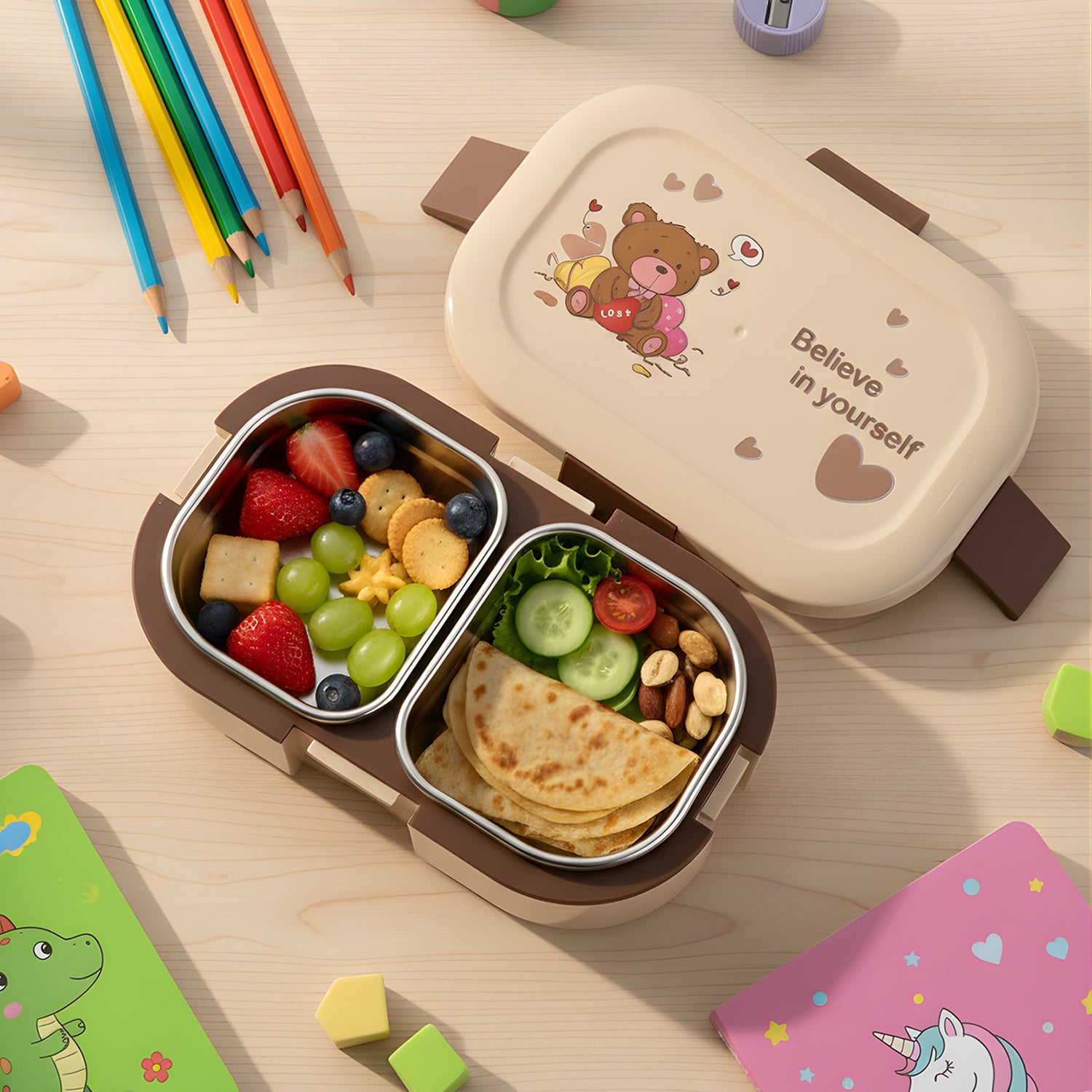 Kids lunch box with motivational "Believe in Yourself" teddy lid design