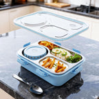 Angled view of the airtight stainless steel lunch box with secure locking clips