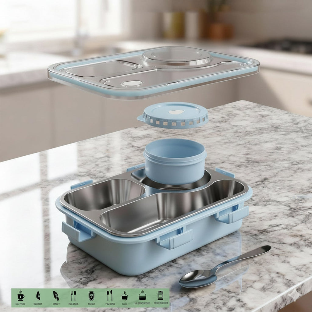 Variety of lunch boxes, highlighting the premium stainless steel compartment design