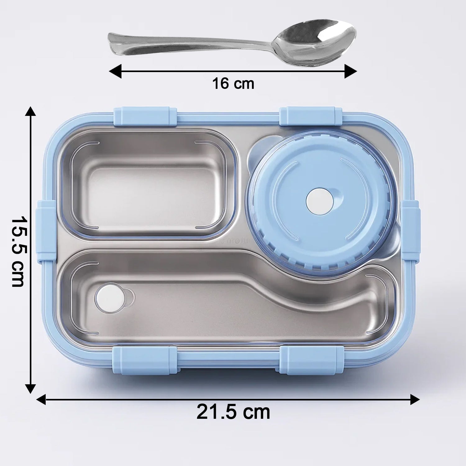 Detailed view of the stainless steel lunch box's features and components