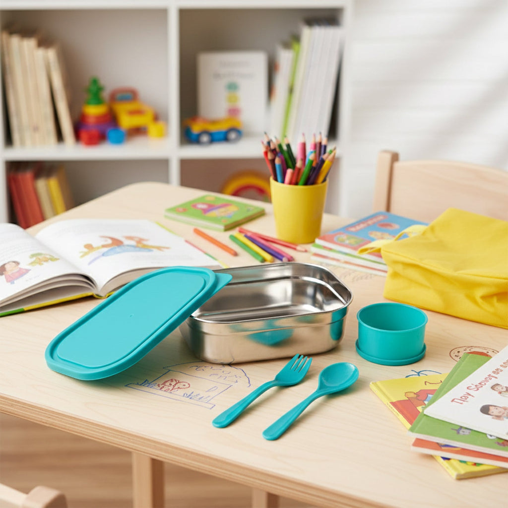 Components of stainless steel lunch box set including fork and spoon