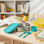 Components of stainless steel lunch box set including fork and spoon