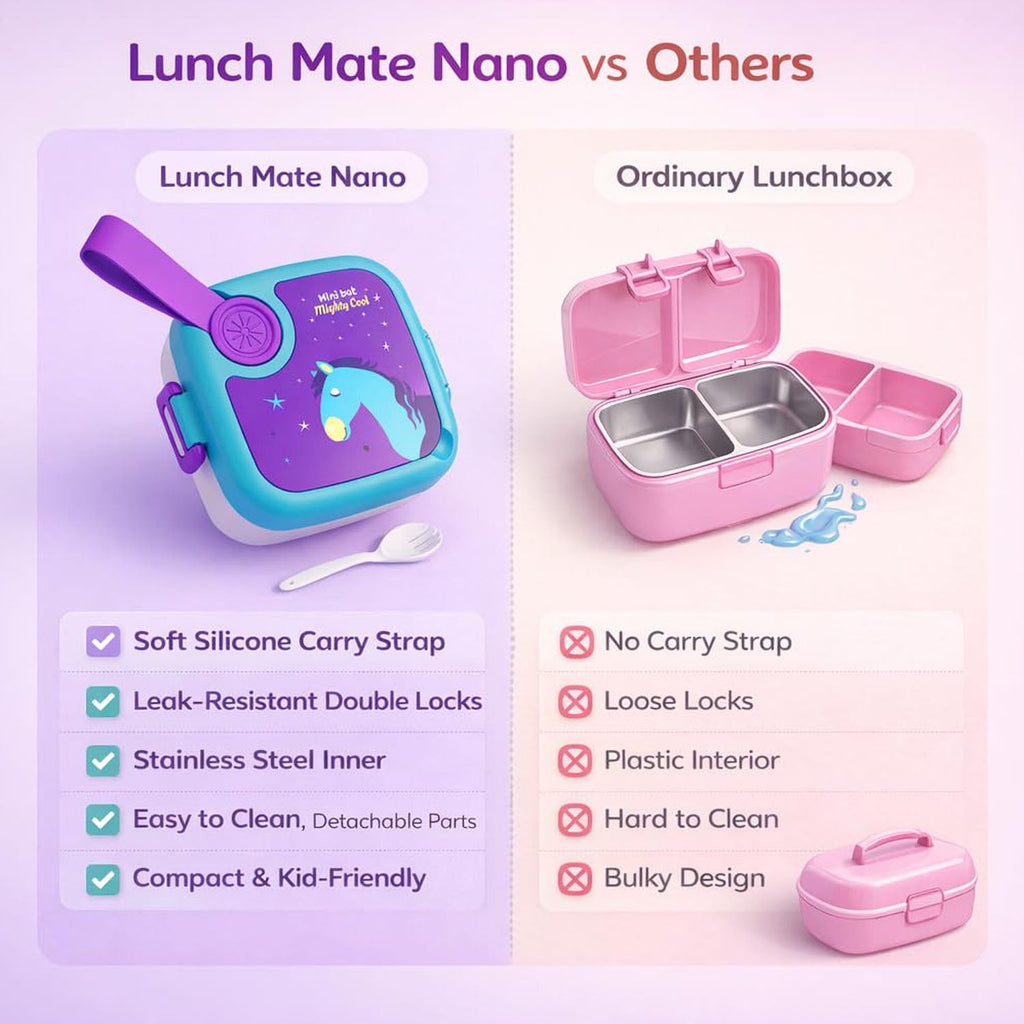 Child holding kids cartoon lunch box featuring colourful giraffe print