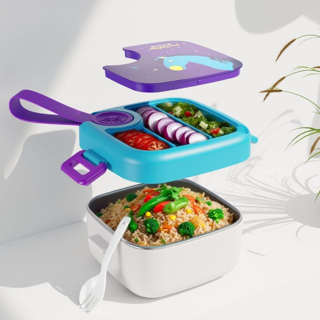 Close-up of removable stainless steel inner tray in kids lunch box