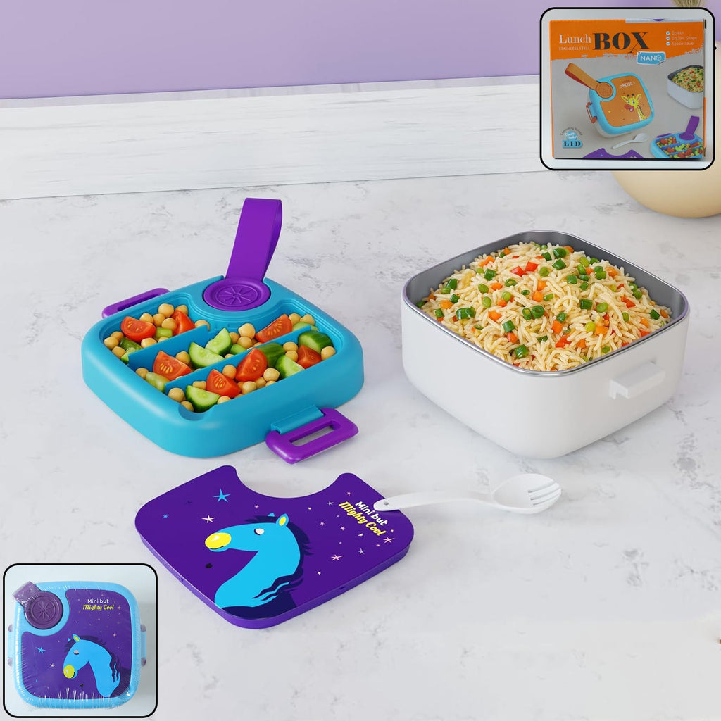 Kids cartoon lunch box with giraffe print featuring stainless steel tray