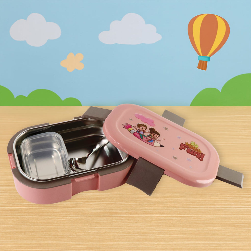 Close-up of the leak-proof side-lock lid and removable stainless steel inner tray.