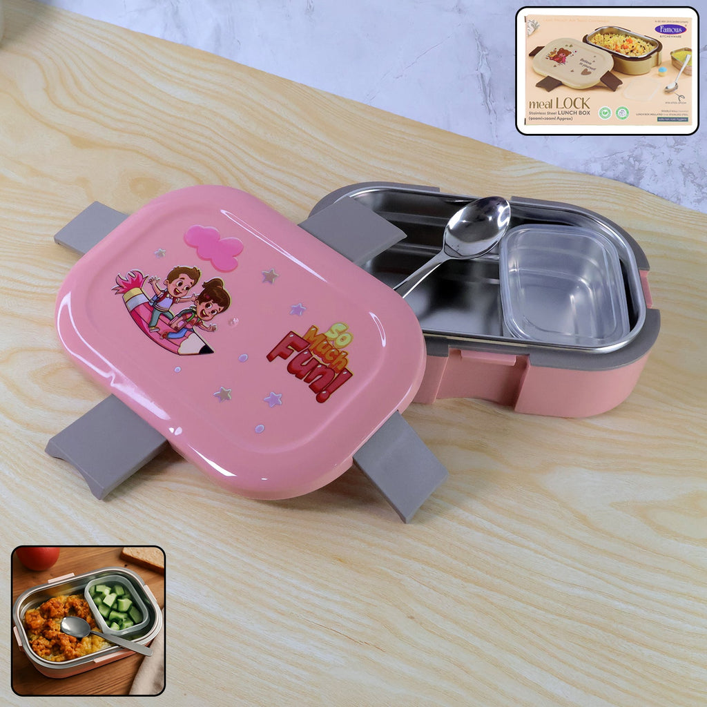 Vibrant cartoon kids lunch box with stainless steel inner tray and bonus snack pot.