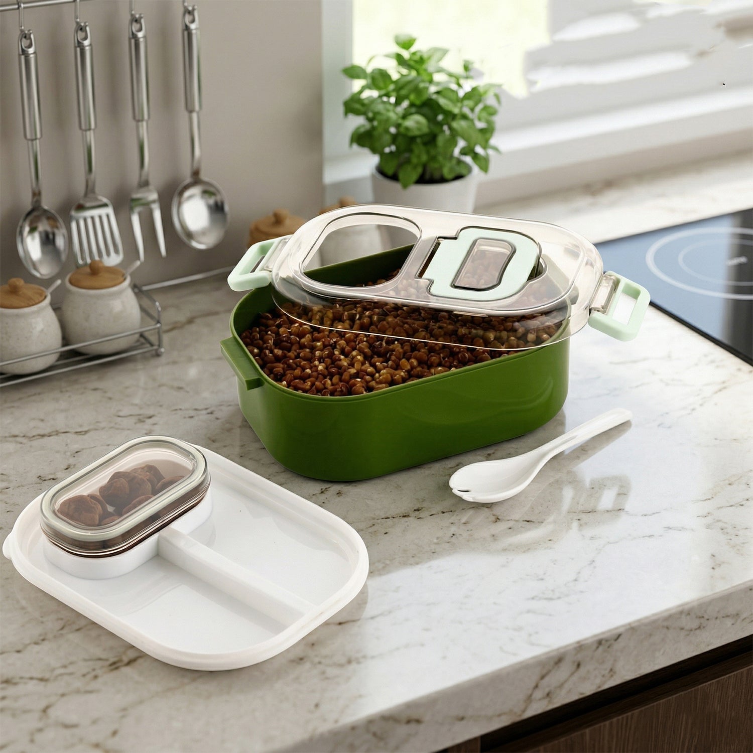 Purple lunch box and tumbler side by side, highlighting their secure leakproof lids.