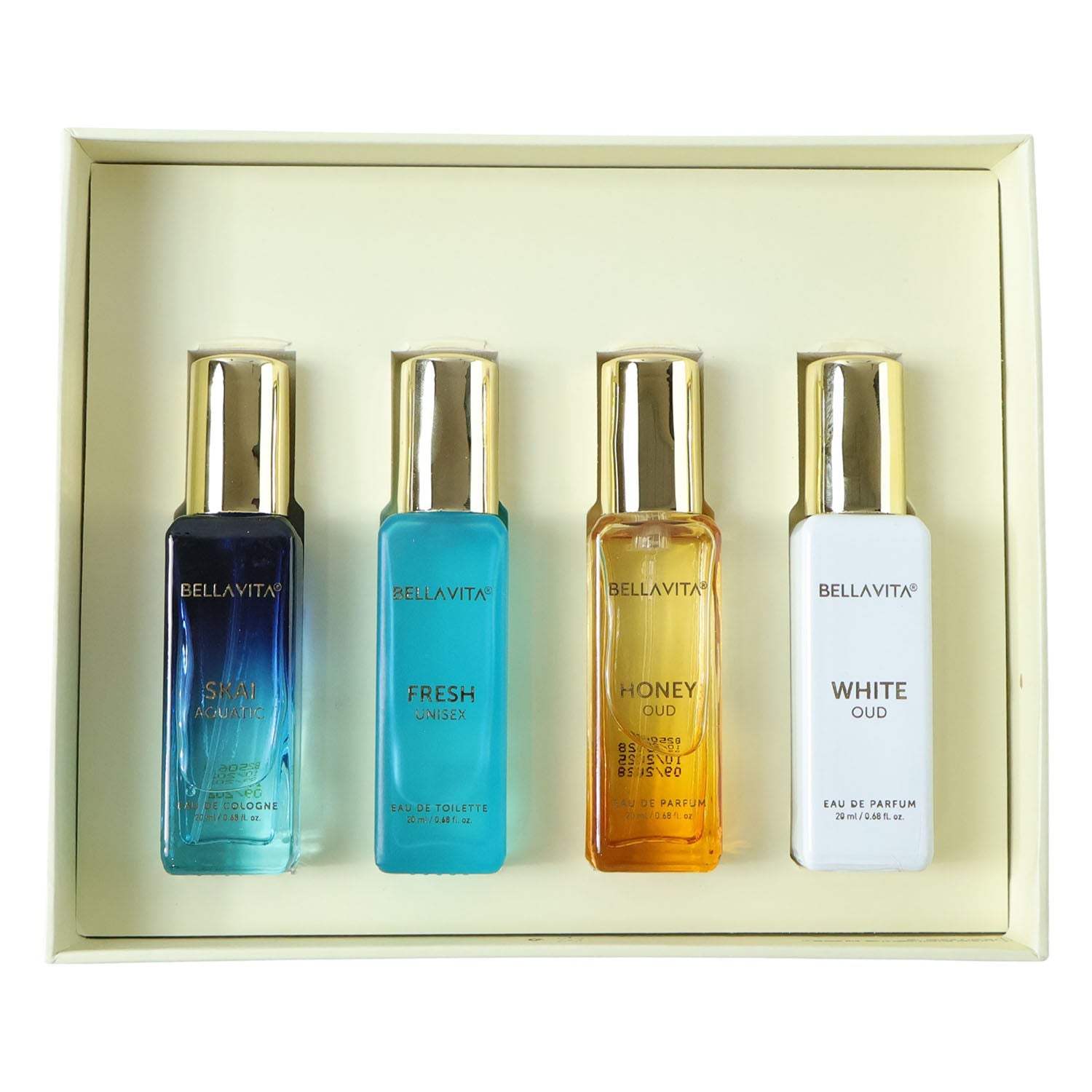 Elegant unisex perfume gift set with four different fragrance variants