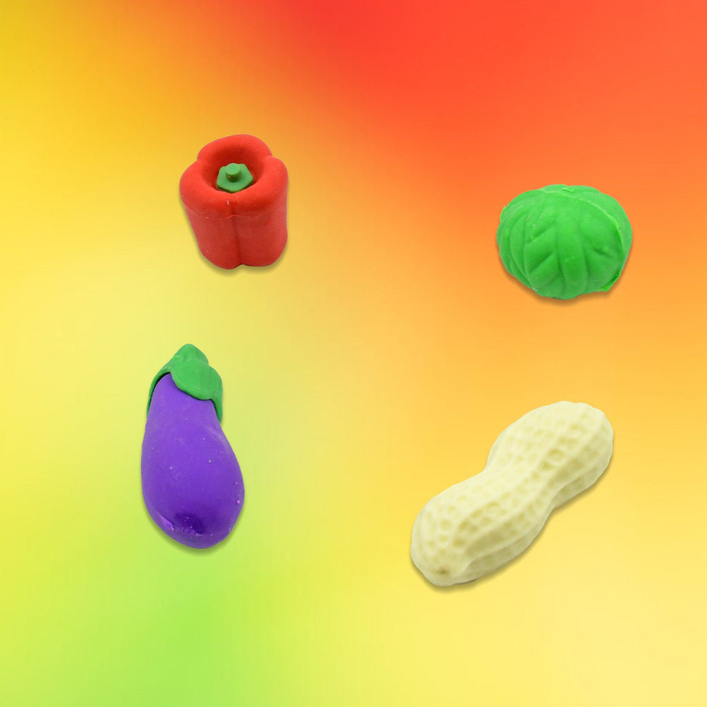 Arrangement of multiple colorful fruit and vegetable erasers, part of a fun Kids Erasers Set.