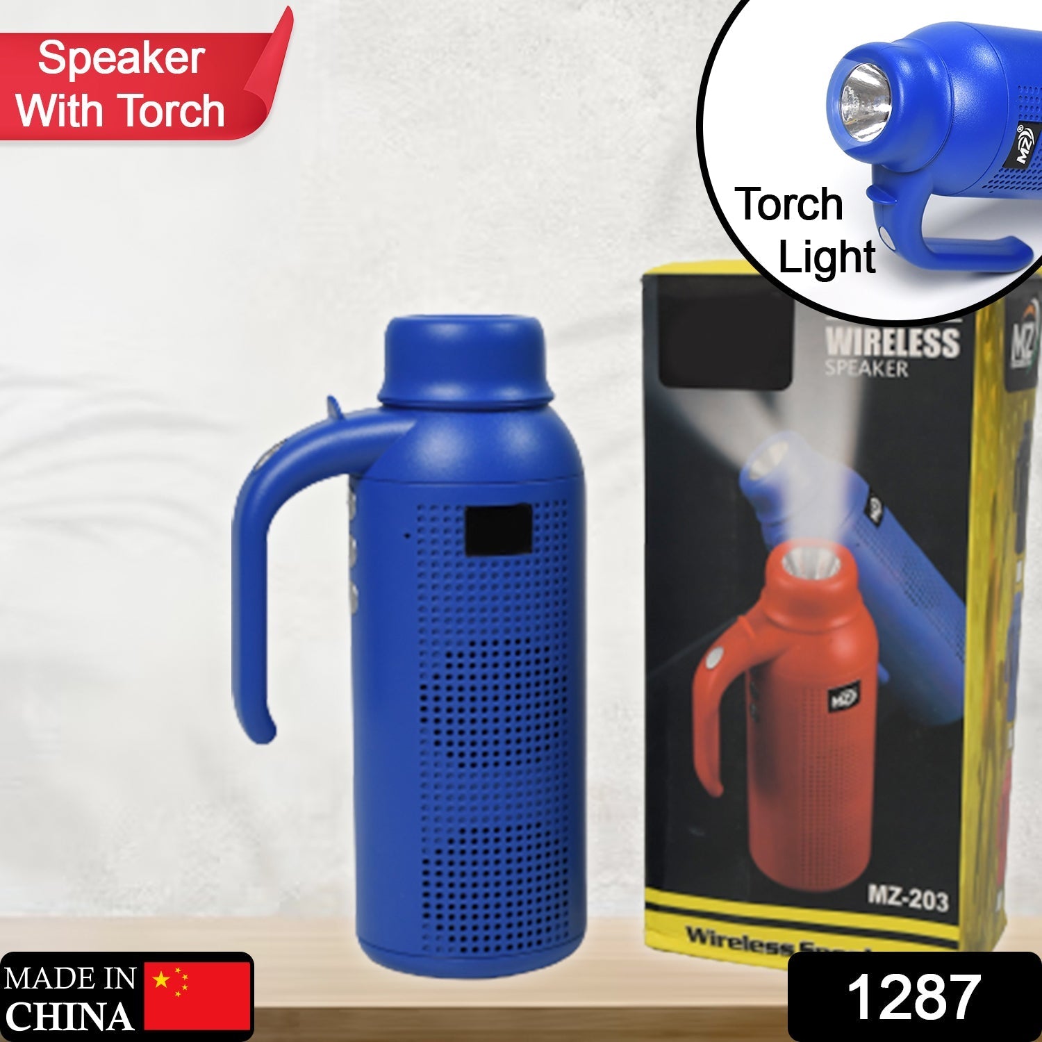 Compact wireless Bluetooth speaker with a convenient hand strap, ideal for carrying.