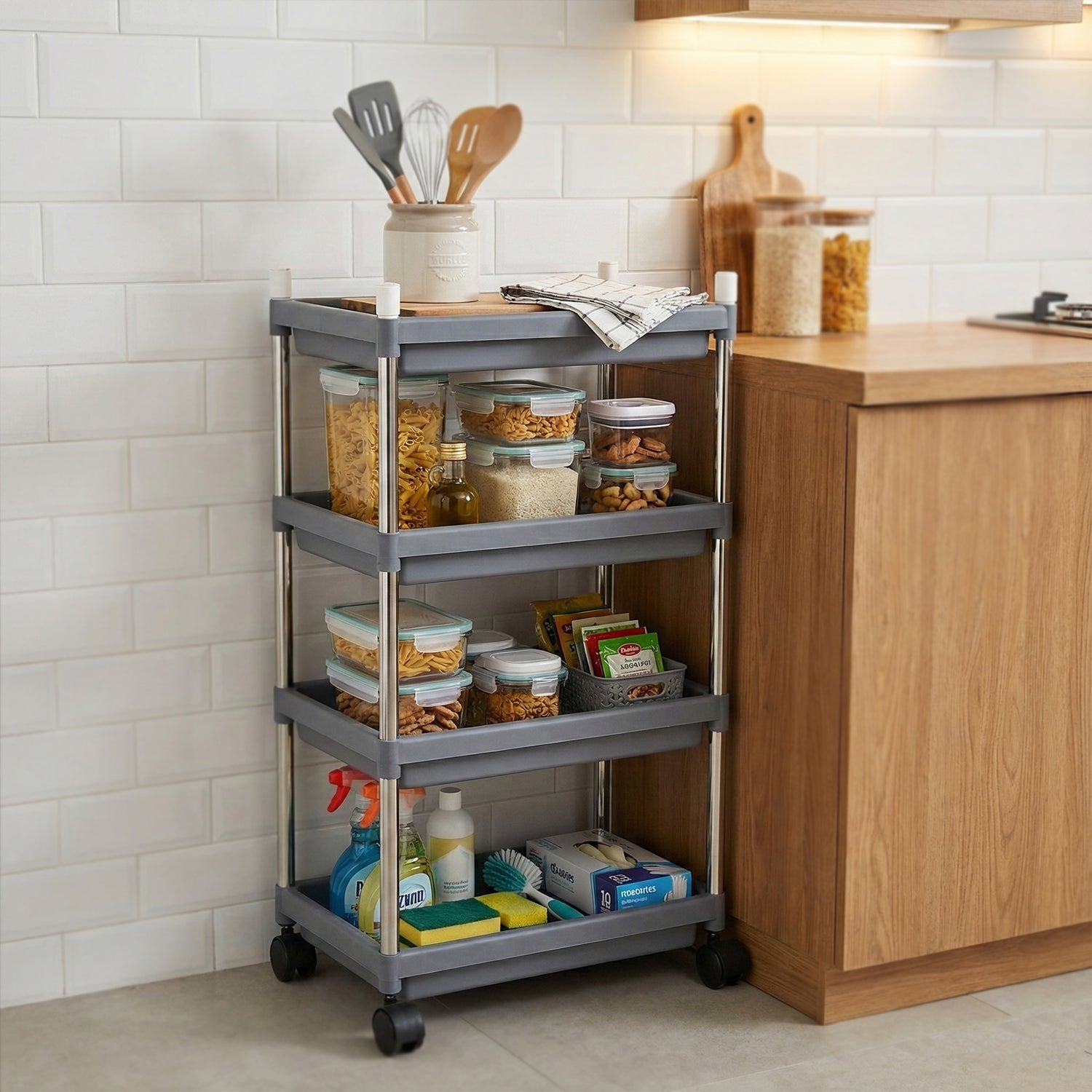 Rolling utility trolley with four wheels and spacious storage layers