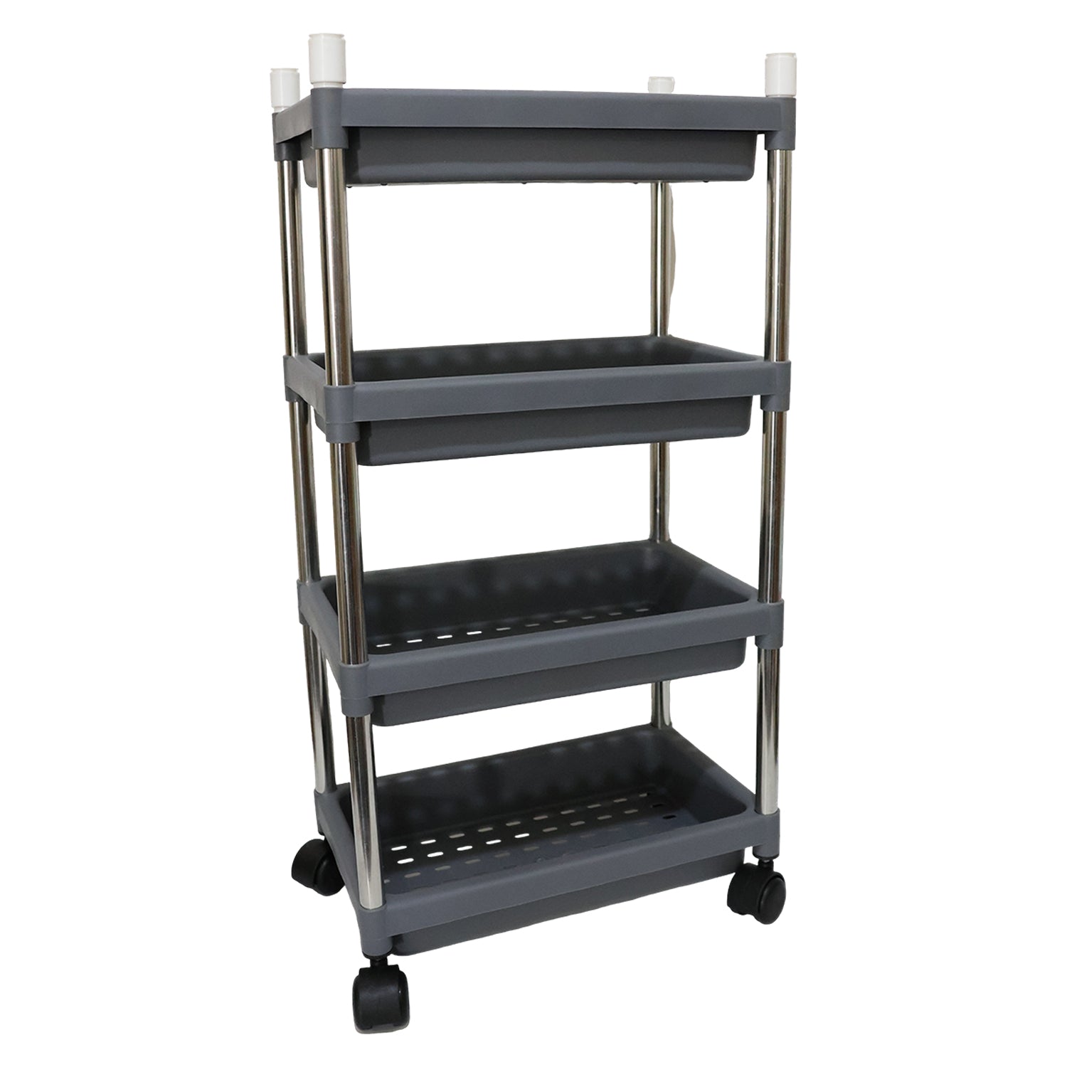 Mobile organizer rack with durable plastic trays and easy assembly