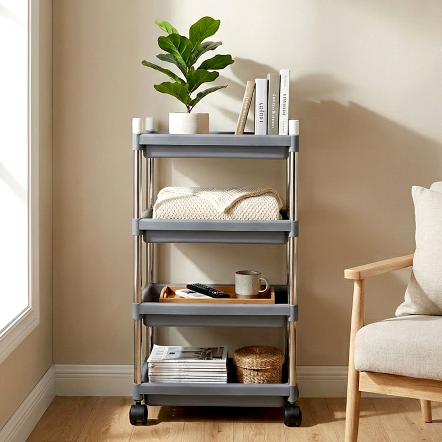 Movable 4-layer storage cart with sturdy stainless steel frame for home organization