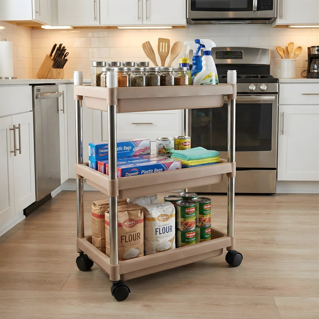 Multi-use organizer trolley for home showing storage compartments