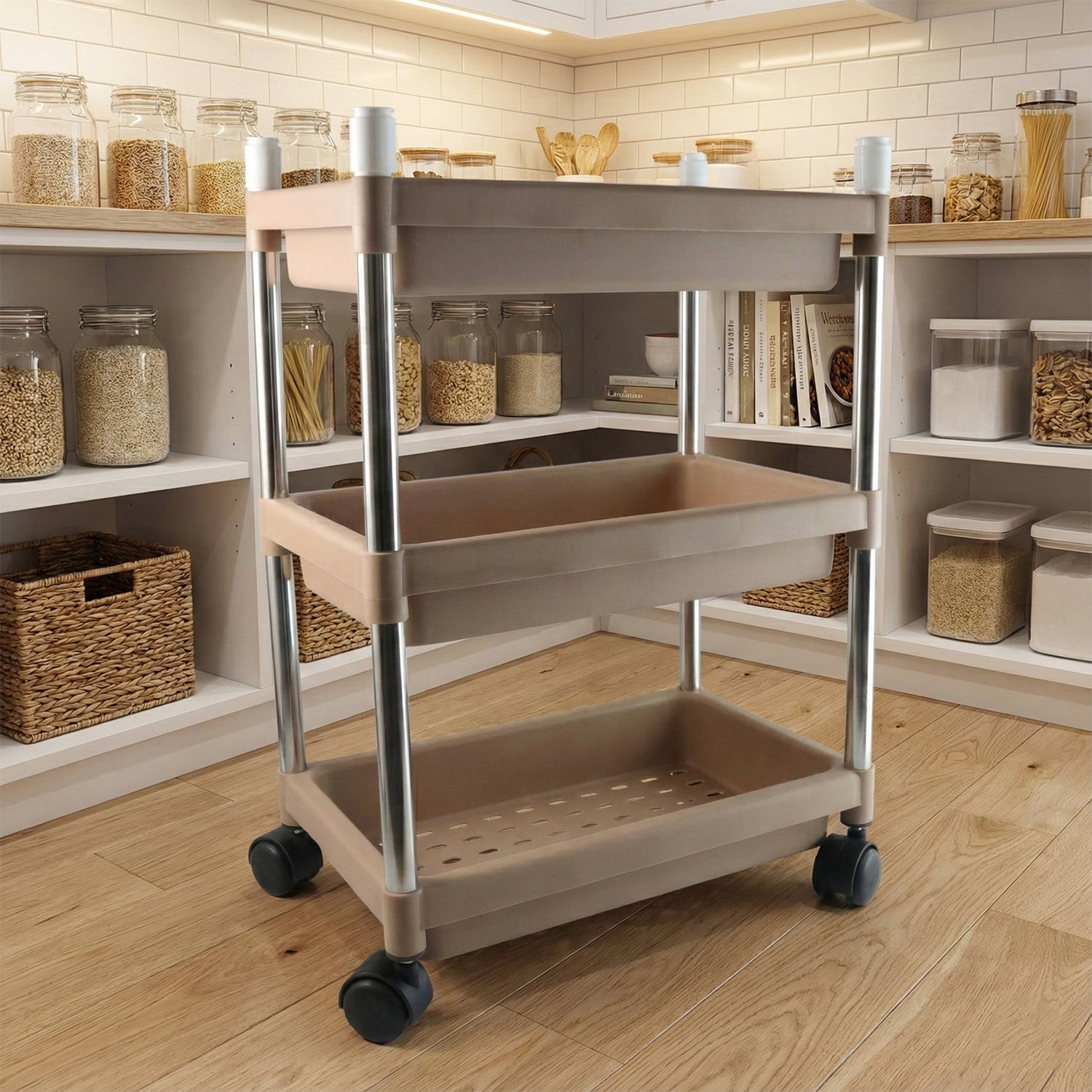 Movable storage cart featuring three layers and smooth rolling wheels