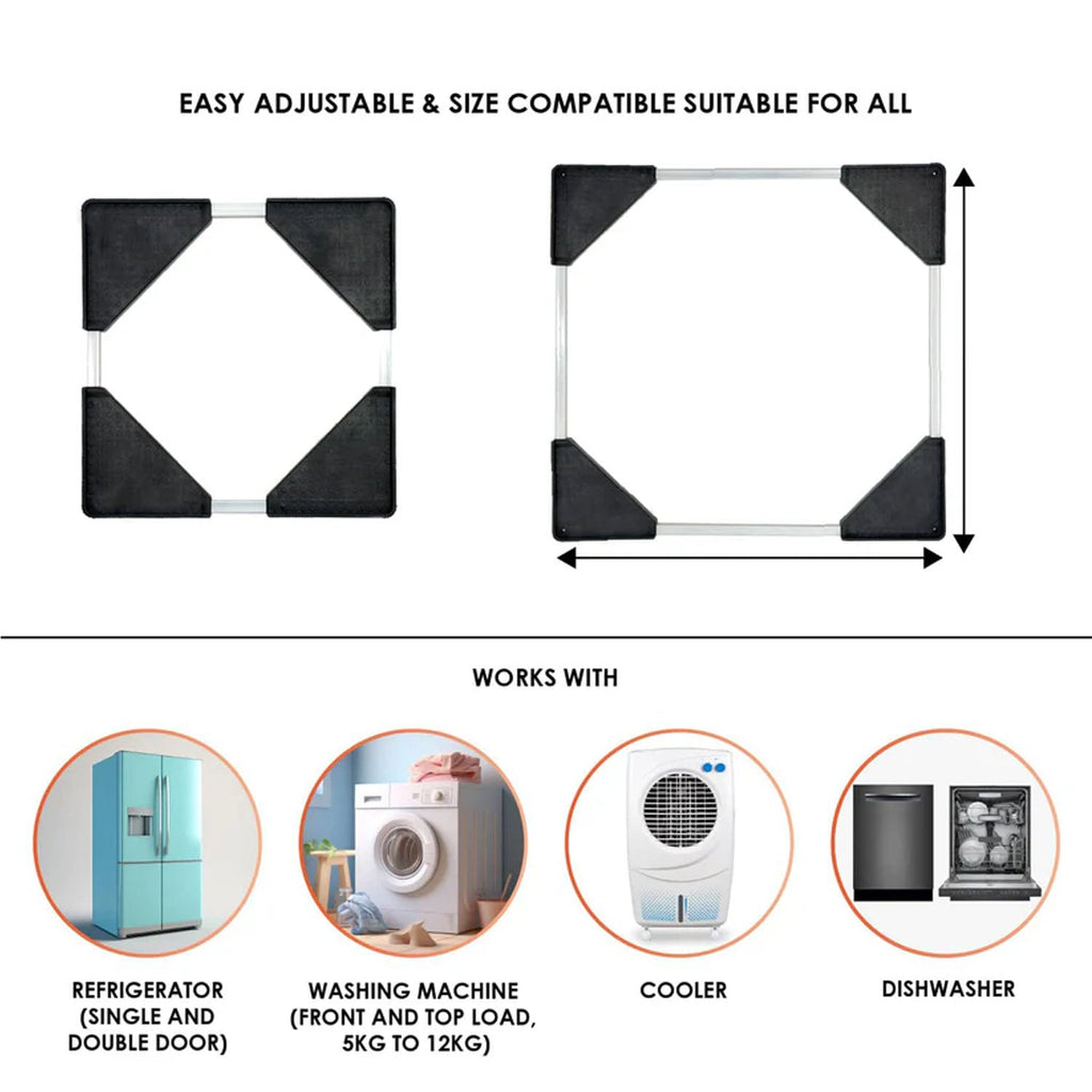 Adjustable frame appliance stand set up indoors under refrigerator base