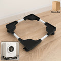 Adjustable washing machine stand with anti-vibration base supporting a heavy appliance