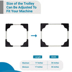 Size dimensions displayed for adjustable appliance stand showing length and width