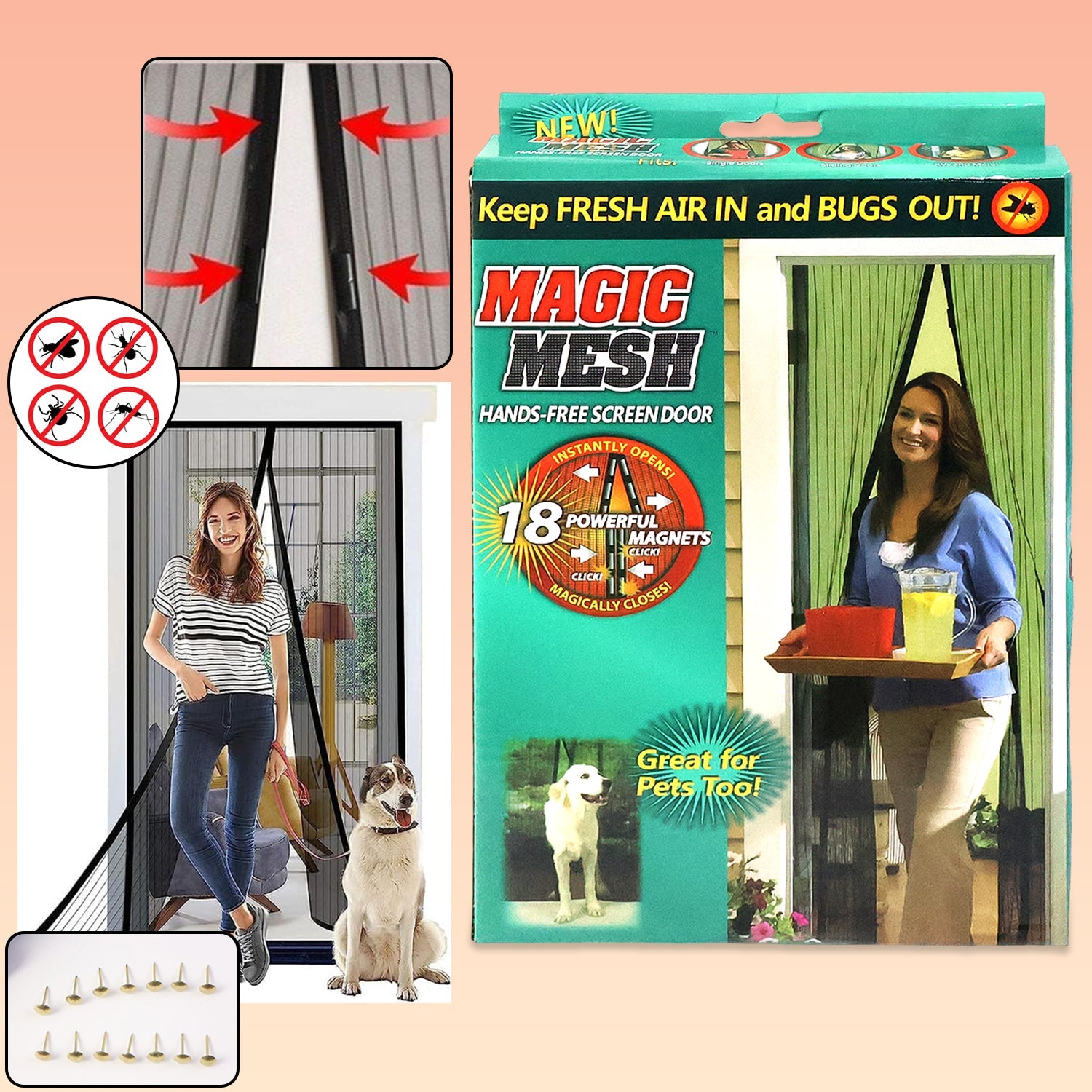 Magic Mesh screen door with hands-free instant opening and 18 magnets