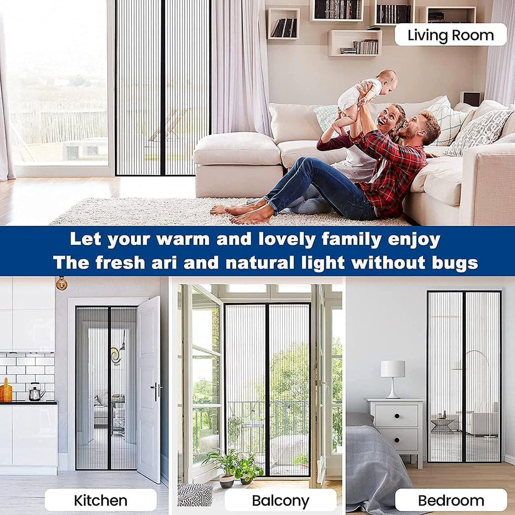 Screen door showing product specifications label of Magic Mesh