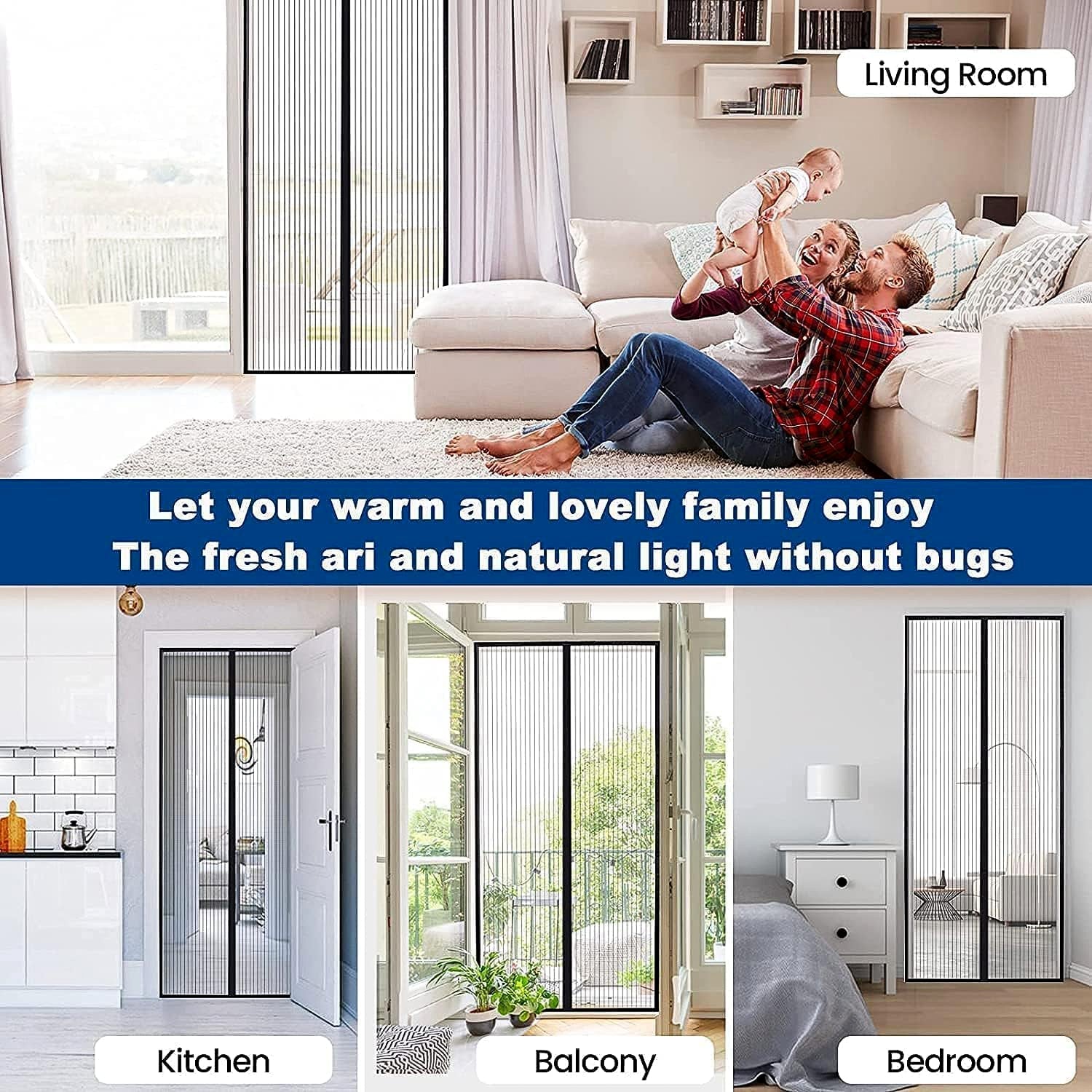 Screen door showing product specifications label of Magic Mesh