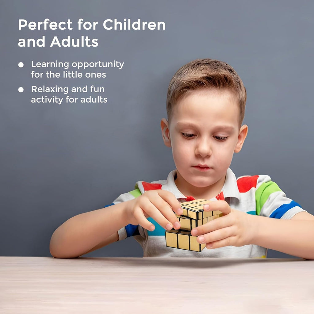 Golden Magic Puzzle Cube placed on desk for brain teaser game
