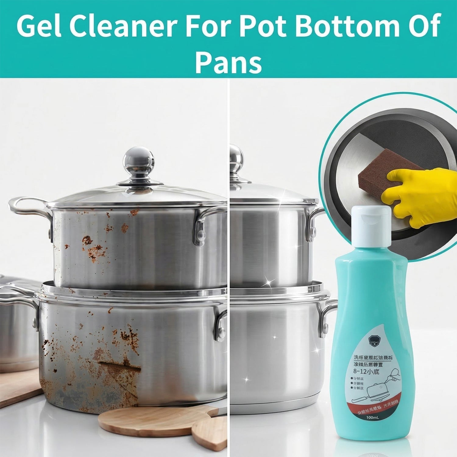 Burnt utensil cleaner liquid in bottle