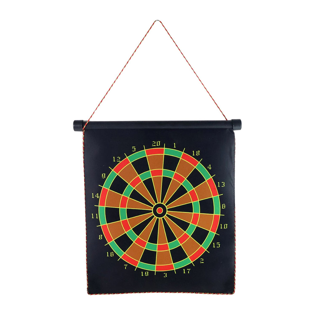 Magnetic dartboard with hanging cord setup on wall