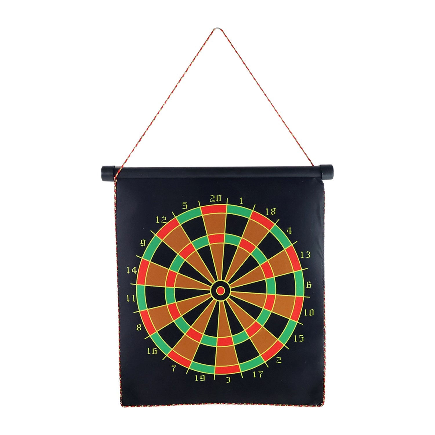 Magnetic dartboard with hanging cord setup on wall